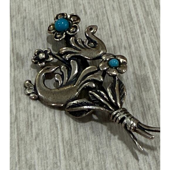 Vintage 925 Sterling Peacock Bird Turquoise Brooch Pin 3.54 grams (025) - Picture 2 of 7